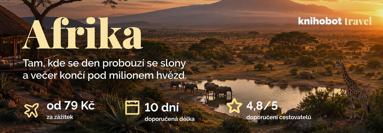 Knihobot Travel Afrika. Vydejte se do srdce africké savany, kde se stáda zeber prohánějí po nekonečných pláních, žirafy se procházejí při západu slunce a lvi odpočívají ve st